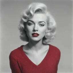 Marilyn monroe in a red woollen sweater, v collar, white bacground