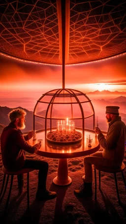 full shot of happy dandys drinking in a floating glass dome, dreamlike atmosphere, in the background the landscape burns like hell, in the style of man ray