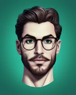 Fit man in round glasses, wavy hair, stubble, slim, tie, monotone, green eyes, comic book style, two tone colours, detailed, ink, realistic, handsome, square jaw, big brows, no jacket, bird on the shoulder, spotlight