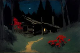 Night, cabin, pine trees, pathway, red flowers, edouard manet impressionism painting