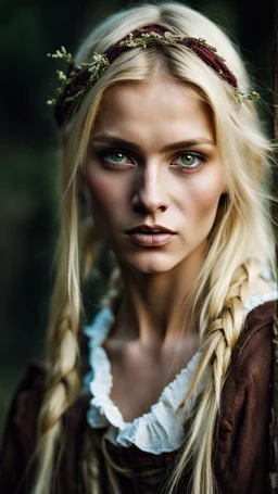 portrait of a poor young female peasant with blonde hair, Heterochromic eyes, Dark fantasy