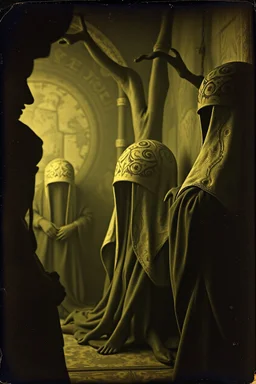 Daguerrotype close up some mysterious figures, odd background, Hieronymus Bosch, ambient light, by Minicavio Quollati and Marlost Endgulp, Amano, Botticelli, Alphonse Mucha