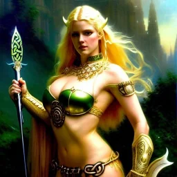 portrait 'beautiful Sexy Busty Blonde Sif',long hair,horned helmet, celtic tattoed,crystal clear green eyes,painting by gaston bussiere, greg rutkowski, yoji shinkawa, yoshitaka amano, tsutomu nihei, donato giancola, tim hildebrandt, oil on canvas, cinematic composition, extreme detail,fit full head inside picture,32k