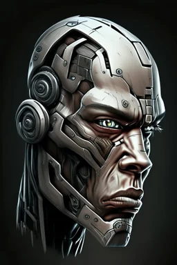 face of cyborg seen from the side in 3d with bad expression drawn style