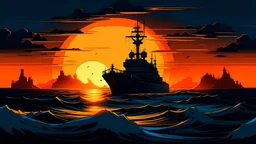 game menu with a big destroyer in the sea against the backround of an orange sunset among the dark blue sky