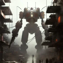 giant mecha in the favela street , close up by Greg Rutkowski, matte painting, intricate, fantasy concept art, elegant, by Stanley Artgerm Lau, WLOP, golden ratio, thomas kindkade, alphonse mucha, loish, norman Rockwell,