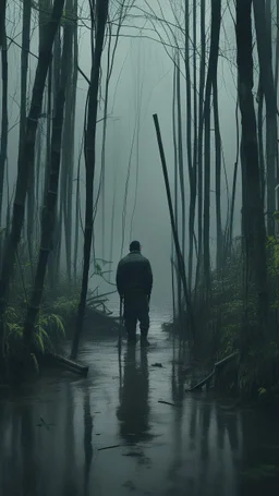 A swamp surrounded by bamboos long trees in cloudy, depressing, foggy, with a dim of light in the distance , on the side an abandoned old hose covered with leaves. A back view of a very tall skinny man in black turn his head to you with open eyes and mouth