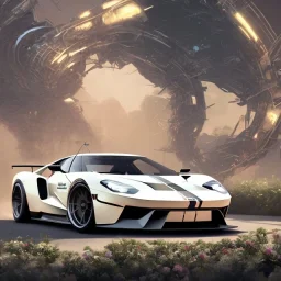 voiture blanche, fleur, chrome, synthwave, concept art, couleur vibrante, FORD GT