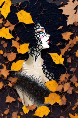 abstract creation of a beautiful girl with black curly hair, surrounded by black roses, thick metal chain broken, glass petals on the ground, autumn colours,dried out thorn bush, chaos,