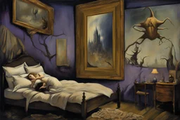 woman sleeping in bedroom having a night terror, nightmarish many legged creature crawling out of large framed picture haging above bed, surreal haunting landscape, horror art, mysterious sinister unforgettable, by Yves Tanguy, by Denis Forkas, by Stephen Grammell, expansive, oil matte painting, dark blue and dark violet and dark gold, volumetric lighting.