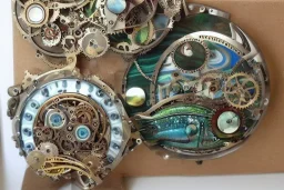 Ultra detailed steampunk fishes, multi color, beautiful marble eyes, swirling gears