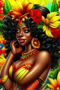 Create a digital airbrush cartoon of a curvy African American female wearing Brazilian carnaval outfit outfit that's Black, yellow, and red Prominent make up with hazel eyes. Highly detailed very long extremely curly black hair. Her skin is smooth and silky. Background eof a judge full of colorful flowers