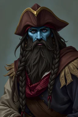 A male Air Genasi from Dungeons and dragons. He is a pirate with a long braided beard, wearing pirate clothes, and blue skin. He is in his mid twenties