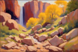 Sunny day, rocks, waterfalls, rocky land, mountains, friedrich eckenfelder and georges lemmen impressionism paintings