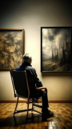 a rear view of a handicapped man sitting on a wheelchair facing a a surrealism picture on the wall ,