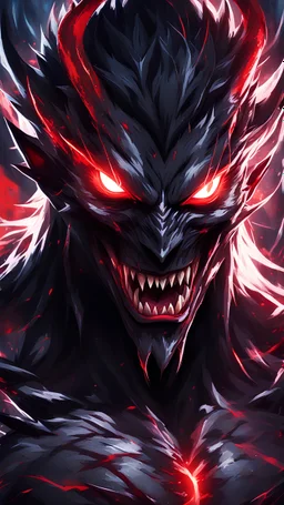 an anime style picture of an evil black demon with red eyes and fangs, the background is dark and chaotic, the atmosphere in the scene is full of fear, anime artstyle, vibrant colors, high contrast, dark shadows, closeup view of character's face, glowing white energy around him, red lightning effects, sharp details, expressive lines, detailed textures on skin
