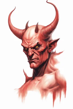Realistic devil leaning forward at an angle facing left, posed as if over a shoulder, red skin, horror style, no other person.