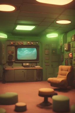 scene of a big cozy underground survival bunker with round blast door, pistachio-colored walls, recreation zone, 80s aesthetic, big tv, VR headsets, videogame consoles, board games, cozy chair, bright accent lighting, cinematic, octane render, rim light