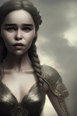 Perfect Emilia clarke face, wearing viking, fullbody, intricate, highly detailed face, highly realistic, fog, fire, particles