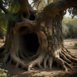 An ancient tree stands in a dry forest. The tree trunk of the tree is hollow