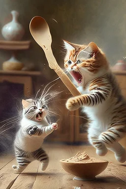 mother cat chasing baby cat with wooden spoon eating cake with wooden spoon