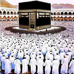 The scene in Mecca: People wearing white Ihram clothes, men without head coverings, women with veils, circumambulating around the Kaaba, and above them are transparent white spirits of children, men, and women with wings revolving around the Kaaba.