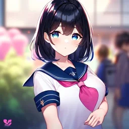 Clear focus,High resolution, Black short fluffy hair, and blue eyes, wearing a sailor uniform, pink hearts around her