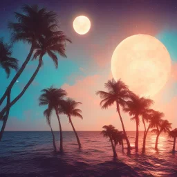 1980's vaporwave aesthetic palm trees with lightning with lunar eclipse moon crescent in the ocean waves sunset