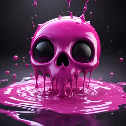 pixar 3d animation style, ((gooey melting skull)), fluid form, ((dripping)), pink drizzle, adorable and cute, photorealistic cg, 3D concept art, bright, fantastical black colour background, playful, soft smooth lighting, white cartoon eyes, highly detailed, stylised and expressive, sharp, wildly imaginative, skottie young, bold, colourful, neon graffiti, dark pop surrealism, rainbow coloured sprinkles, rainbow coloured pop candy, chocolate toppings, smooth texture, cgsociety, Maya render