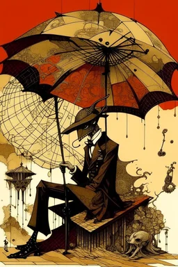 Strychnine biomechanism under an umbrella, abstract surrealism, by Phlegm and Dave McKean and Santiago Caruso, silkscreened mind-bending illustration; warm colors, off-centered fragmented composition, multiple stages of dark shines malignancy