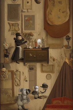 maurice miguel miguel & charles de nol screen capture 6, in the style of quirky characters and objects, trompe-l'œil illusionistic detail, finely textured brushwork, poodlepunk, dark beige and gray, historical fiction, cranberrycore