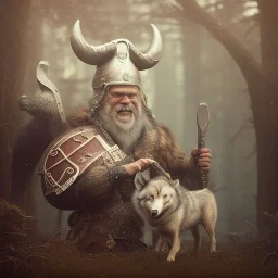 old viking with his wolf, scary, steam punk, realistic, made in octane, cinematic, ultra-realistic, extremely detailed octane rendering, 8K, VRAY Super Real ar 2:3, dof photorealistic futuristic 50mm lens hard lighting dark gray tintype photograph, realistic lighting, sepia color