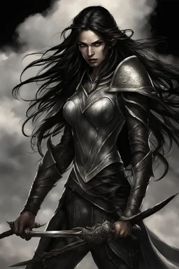 SA female elf with skin the color of storm clouds, deep grey, stands ready for battle. Her long black hair flows behind her like a shadow, while her eyes gleam with a fierce silver light. Despite the grim set of her mouth, there's a undeniable beauty in her fierce countenance. She's been in a fight, evidenced by the ragged state of her leather armor and the red cape that's seen better days, edges frayed and torn. In her hands, she grips two daggers, add dark shadow mystic purple flames