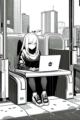 hacker girl use a laptop sitting in a public cafe, line arts, greyscale