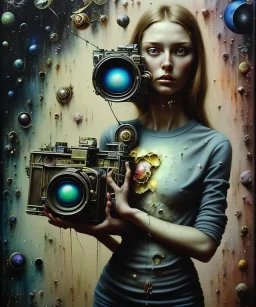 happy beautiful girl holding big proffesional camera in studio. street art, oil on canvas, spray paint, collage, letters, newspapeers, Dave McKean, Vladimir Fedotko, Saturno Butto, Vaughn Bodé, Frank Wu, James C. Christensen, collage, dirty, paint dripping, radiant