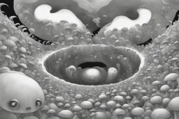 Looking into a black hole, hundreds of huge mushroom-shaped creatures with massive mouths, faceted eyes and tentacles.