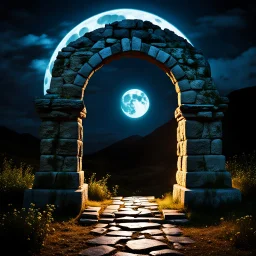 Stone moongate glowing at night under a full moon dark fantasy