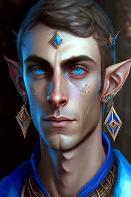 a wealthy half-elf young man with pointy ears and blue eyes, wears lots of jewelry