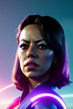Aubrey plaza, Futuristic cyborg, portrait from waist up, vibrant hair color, vibrant eye color, intricate eyeliner, vibrant eyeshadow, clear completion, soft lighting, 4k resolution, intricate details, insanely detailed, colorful cityscape background, masterpiece, expert, cinematic smooth, retroanime style, realistic details, no helmet