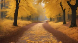 a dirt road surrounded by trees covered in yellow leaves, a jigsaw puzzle by ludwig mestler, shutterstock contest winner, synthetism, photo taken with ektachrome, velvia, photo taken with provia