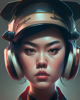 portrait d'une jeune femme de type asiatique. Elle porte un casque audio sur ses oreilles et une casquette. Elle semble rebelle et fronce les sourcils. Elle a un maquillage extravaguant. L'image est dynamique. Illustration type digital 2D très détaillée. HD, 8K.