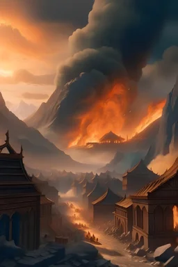 A Destroyed City With Fire and Smoke Rising and a Mountain With a Large Gate infront of it