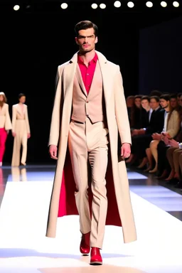 A guy on a fashion runway with Superman elegant Clothes in neutral colors