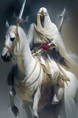 An Arab warrior holding two swords, sitting on horseback, wearing a white robe, strong, mysterious, frightening, fantasy, high quality