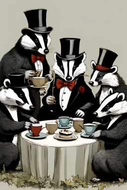 Anthropomorphic European badger wearing a tophat and having a tea party with his other anthropomorphic animal buddies. Illustration.