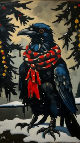 An oil painting by Miyazaki and Matisse of a human-like crow adorned in a punk leather jacket within a snowy Christmas atmosphere.