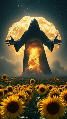 A field of random sunflowers with bright lighting , at the end of the picture is a dark with stars sky background the universe with a huge nuke explosion behind the explosion a very large open arms dark scary shadow of a black hooded creature