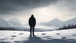 photorealistic silhouette of a man looking into distance of a snowy nordic landscape