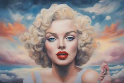 Surreal painting of Marilynmonroe, crochet, , the sky in the background