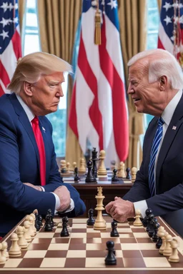 A hyper-realistic photo, Joe Biden and Trump in a game of chess,Trump smiling ,Biden angry, 64K, hyperrealistic, vivid colors, (glow effects:1.2) , 4K ultra detail, , real photo